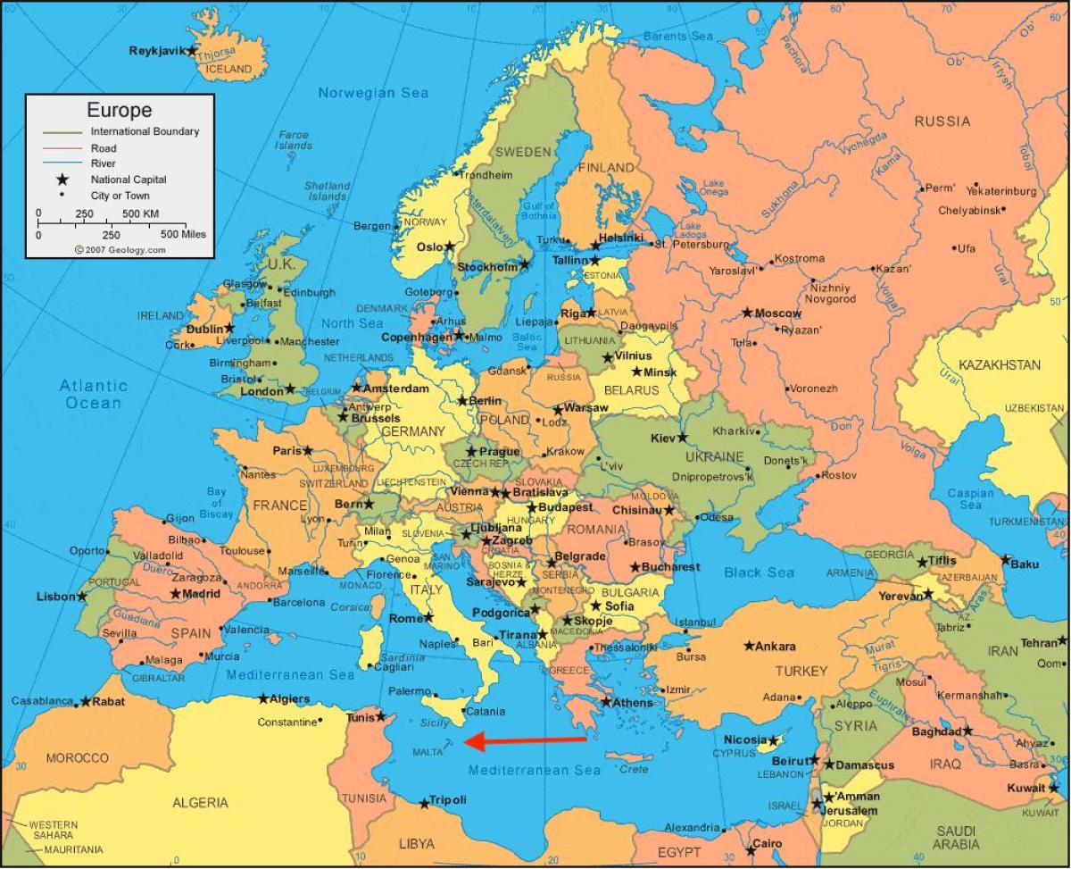 Posizione di Malta sulla mappa dell'Europa meridionale